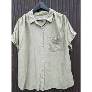 Ava & Viv Linen Button Up 1X Green Coastal Minimalist Beach Travel Breezy